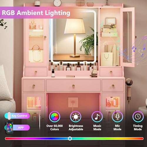 Image of HUANLEGO Vanity Desk with Mirror and Lights, Pink Vanity Mirror with Lights & RGB Glass Cabinet and 3 Drawers, Makeup Vanitys Desk with Lighted Mirror, Dressing Table for Girls Bedroom, 3 Color Modes