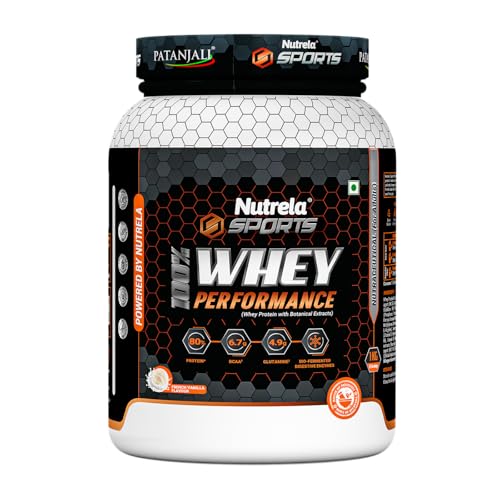Image of NUTRELA Sports Patanjali Whey Protein 1kg with Shaker | Concentrate + Isolate | 24g Protein Per Scoop | 6.7g BCAA, 4.9g Glutamine with Digestive Enzymes for quick absorption & easy digestion | Muscle - Building & Recovery | 100% Vegetarian | French Vanilla