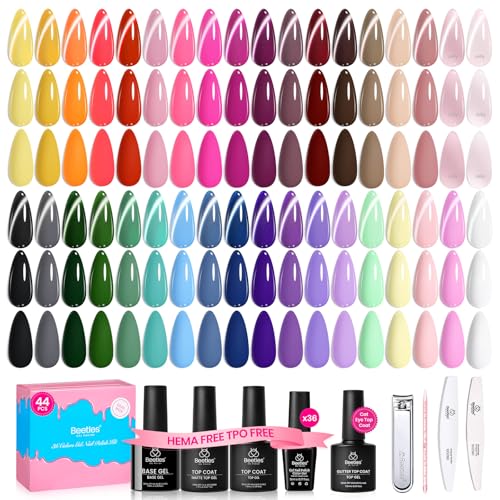 Image of Beetles Deal Box 36 Colors Summer Gel Nail Polish Set, 44 Pcs Hema TPO Free Soak Off UV Gel Harmony Palette Gel Polish Set with Base Coat Glossy Matte Cat Eye Top Coat Nail Tools DIY Women Gift