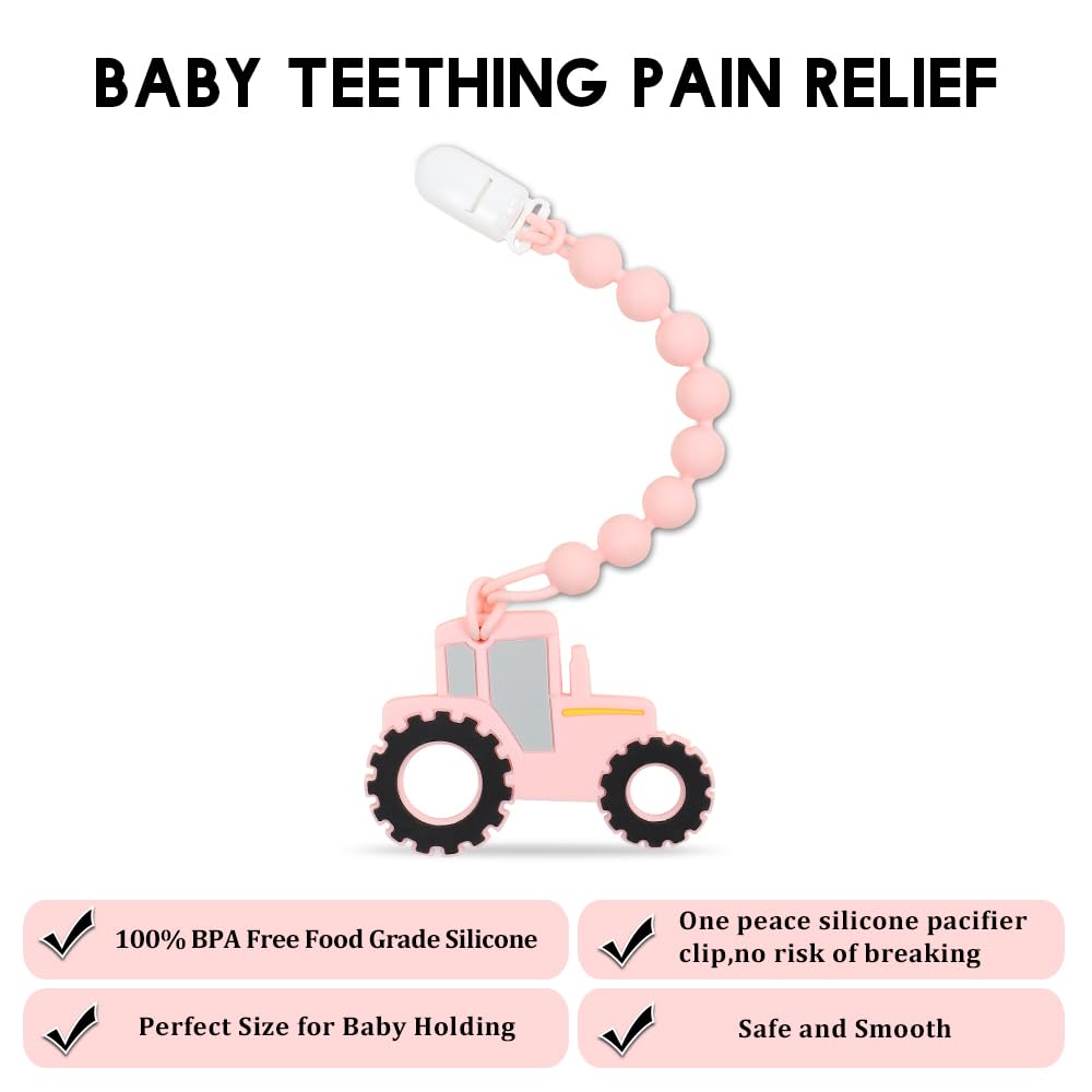 Baby Food Grade Silicone Tractor Truck Teether Toy with One Piece Design Pacifier Clip Holder,Teething Pain Relief Toys Gift Set for 3 Months+ Boys and Girls,Freezer Safe,BPA Free. (Pink)