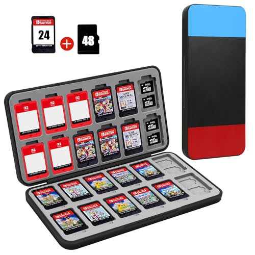 Image of FYY Nintendo Switch Game Case Holder for Switch 2 Cartridge Case with 24 Game Card Slots & 48 Micro SD Card Slots, Hard Shell, Silicone Lining Red Black Blue