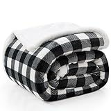 BEDELITE Sherpa Fleece Blankets Queen Size - Black and White Buffalo Plaid Christmas Blanket, Super Soft Cozy Warm Thick Winter Blanket for Couch and Bed, 90' x 90'
