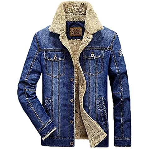 Mens Warm Fleece Trucker Denim Jacket, Men Classic Sherpa Fur Jean Denim Jacket Cotton Lined Jean Coat Cover