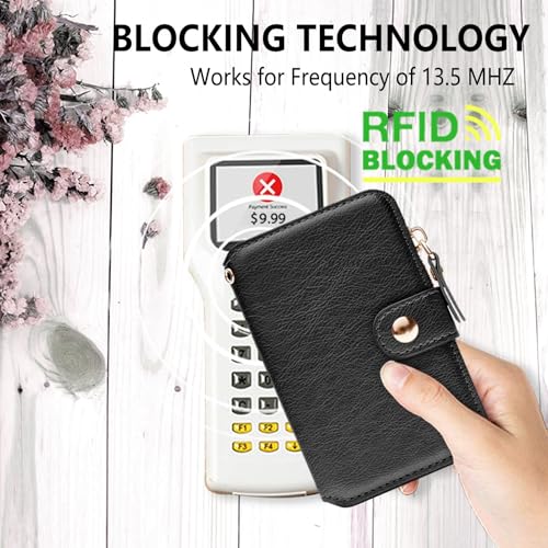 Image of M-Plateau RFID Blocking Keychain Wallet With Leather Wrist Strap | Keychain Wristlet, Womens Card Holder with Zipper Coin Pocket and ID Window(Black)