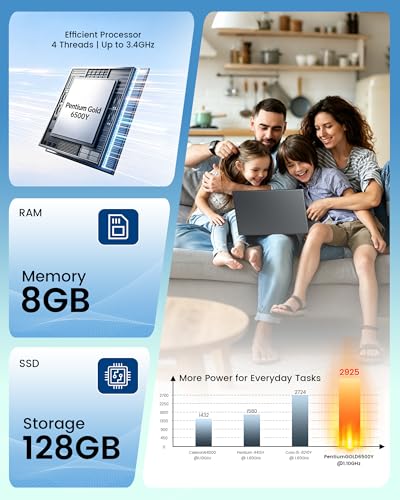 Image of Laptop Computer, 15.6 Inch Laptops with 8GB RAM 128GB SSD, Pentium Gold 6500Y (Up to 3.4GHz), FHD IPS Screen, USB 3.2, USB C, HDMI, Numeric Keypad, Lightweight Laptop for School, Work and Home