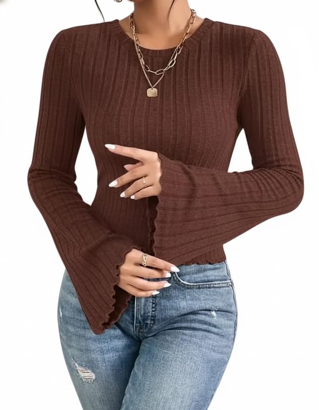 Women Ribbed Knit Top Round Neck Long Bell Sleeve Slim Fit Casual Winter Sweater Stretchable Soft Pullover Stylish Fashion Top BeigeBlack