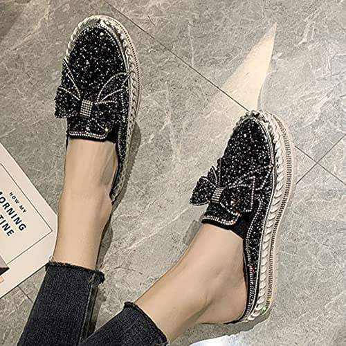 Image of Women's Platform Rhinestones Glitter Sneakers,Fashion Cute Bow Comfy Breathe Canvas Hand-Stitching Slip On Casual Walking Flat Loafers