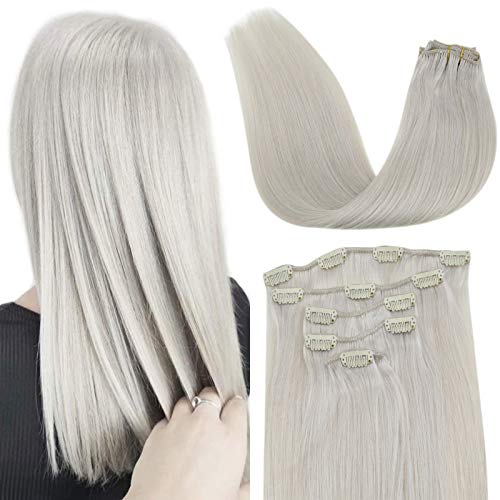 Human Hair Extensions Clip in White Blonde Real Double Weft Clip in Hair Extensions Brazilian Remy Hair Extensions Clip in Blonde Human Hair For Women Silky Soft 5Pcs 70G