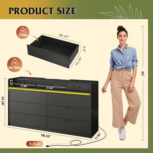 WLIVE 9 Drawer Led Dresser for Bedroom, 58.35'' Black Wood Dresser Storage Organizer with Power Outlets for 65'' TV, Dressers with Open Shelves, Chest of Drawers for Closet, Living Room
