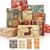 Geschenkpapier Weihnachten, 12 Blatt Weihnachtspapier Set mit Aufklebern und Geschenkanhänger, kraftpapier Recycling Weihnachten Geschenkpapier für Kinder und Erwachsene, 50 x 70cm