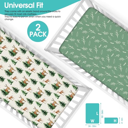 Image of BROLEX Baby Fitted Crib Sheets: Kid Crib Sheets - Set of 2 for Toddler Standard Size Crib Mattress for Boys and Girls - Jersey Knit Crib Bed Sheets Sika Deer&Foliage