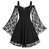 Vintage Brautkleid Damen Gothic Stil Swing Kleid Skater Kleid mit floraler Spitze und Spleißen Trägerloses langärmliges A Linie Kleid Bandage Taillen Abendkleid Einfarbiges Cocktailkleid Ballkleid