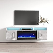 Meble Furniture Giza BL-EF 63 Floating Fireplace TV Stand Modern High Gloss with Storage Cabinets Central Entertainment Console for TVs up to 70" White, 63" W x 16" D x 24" H