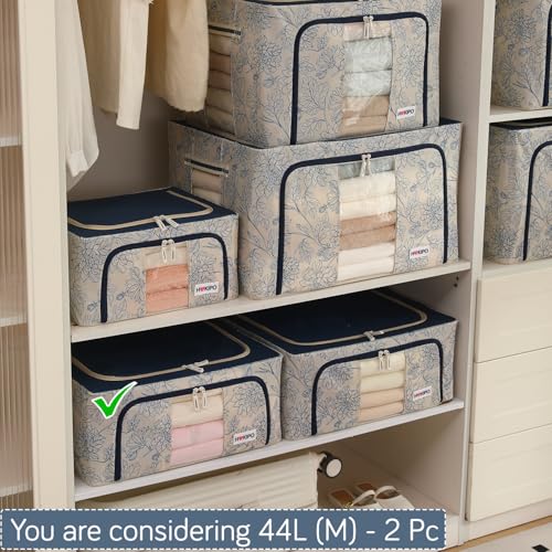 Image of HOKIPO 44L(M) Clothes Storage Box, 600D Oxford Fabric Organiser for Wardrobe, Blue Blossom Pack of 2 (AR-6485-BLU*2)