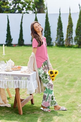 Image of Ekouaer Pajama Sets for Women 2 Piece Short Sleeve Pj V Neck Chest Pocket | Ladies Pajama Sets with Printed Long Pants, Soft Matching Pj Sleepwear, Casual Loose Fall Loungewear, S-XXL