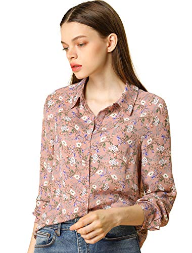Allegra K Women's Button Down Floral Shirt Blouse Long Sleeve Point Collar Button Up Shirts Top Medium Pink