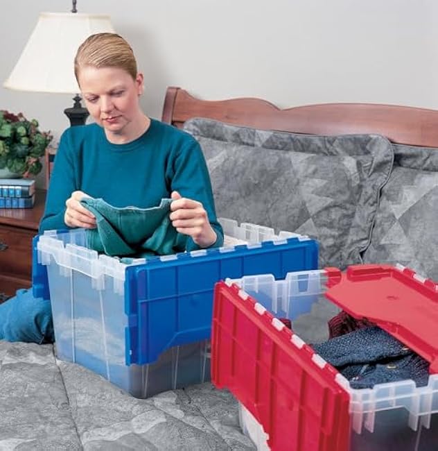 Akro-Mils KeepBox 12 Gallon Storage Container, Nesting and Stackable Plastic Storage Box with Lid Attached, Clear Tote for Garages, Closets, and Moving, 21-1/2 x 15 x 12-1/2, Clear/Blue