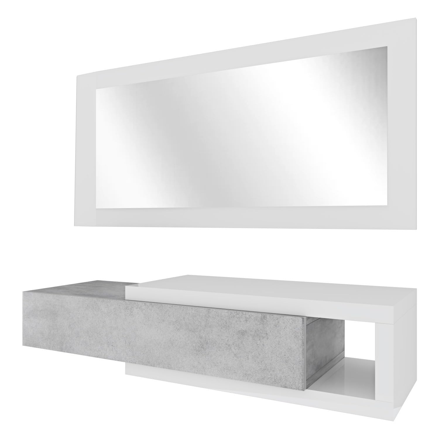 Bricozone Mobile da Ingresso con Cassetto Specchio e Mensola Sospeso per Casa Ufficio Bianco e Grigio Cemento 95 x 26 x 19 cm