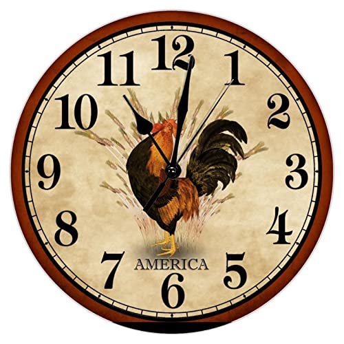 America Good Morning Hen Decorative Wall Clock Vintage Black Rooster Clock Battery Operated Wooden Decorative Wall Clocks 10Inch Country Tuscan Style Wall Clock For Kitchen Dinning Room #TOP1