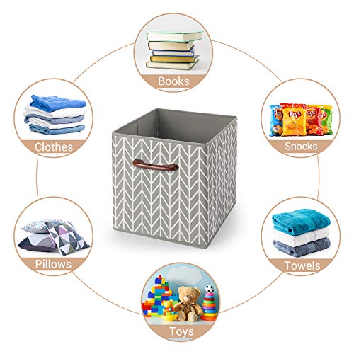 MaidMAX Fabric Storage Bins - Collapsible Organizer Cubes - Shelf Baskets Containers with Wooden Handles for Home Closet Bedroom Drawers Organizers Grey Branches, Set of 6, 10.5×10.5×11 inches - Thumbnail 5