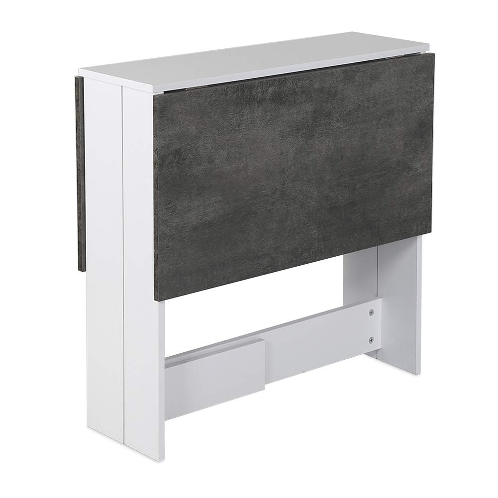 HUOLE Mesa de Comedor Plegable con Ruedas Mesa de Cocina Extensible para Espacio Pequeño con 2 Alas Abatibles y Estantes 103 * 76 * 73,4 cm-Blanco+Cemento