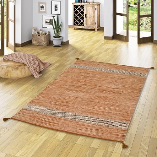 Pergamon Natur Teppich Bauwolle Kelim Toskana Beige | Naturteppich Handgewebt Pflegeleicht für Küche Flur Wohnzimmer