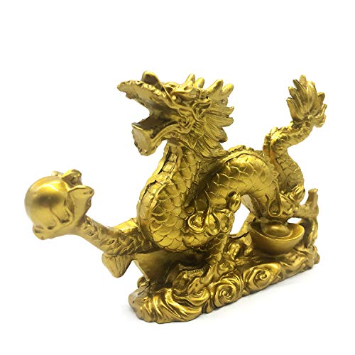 Estatua decorativa dragón chino feng shui dorada 9 pulg miniatura 2