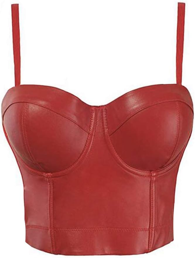 VEENDEO Women's Straps PU Leather Bustier Crop Top Push Up Corset Top Bra For Club Party Racer Sports