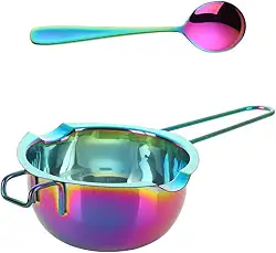 Panela de derretimento com conjunto de colher, aço inoxidável de 400 ml com alça, potpourri para fazer velas para derreter chocolate, doces, velas, sabão (cor arco-íris)