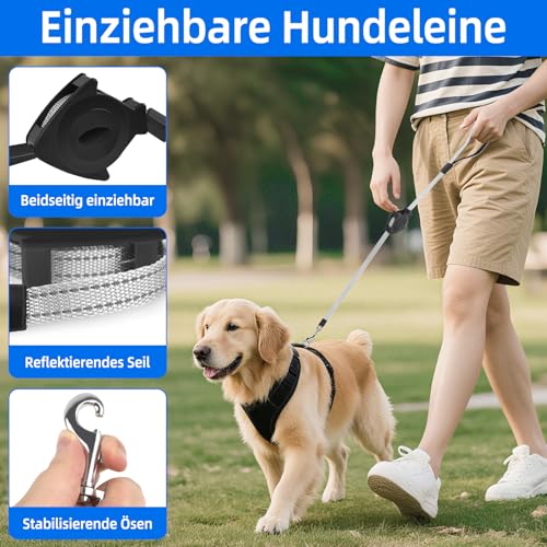 Automatische Hundeleine - 1.4m Einziehbare Leine - 150KG Max Zugkraft PA66+Polyester - 3M Reflektierend für Nachtsicherheit - Bis 25KG Hunde Schwarz