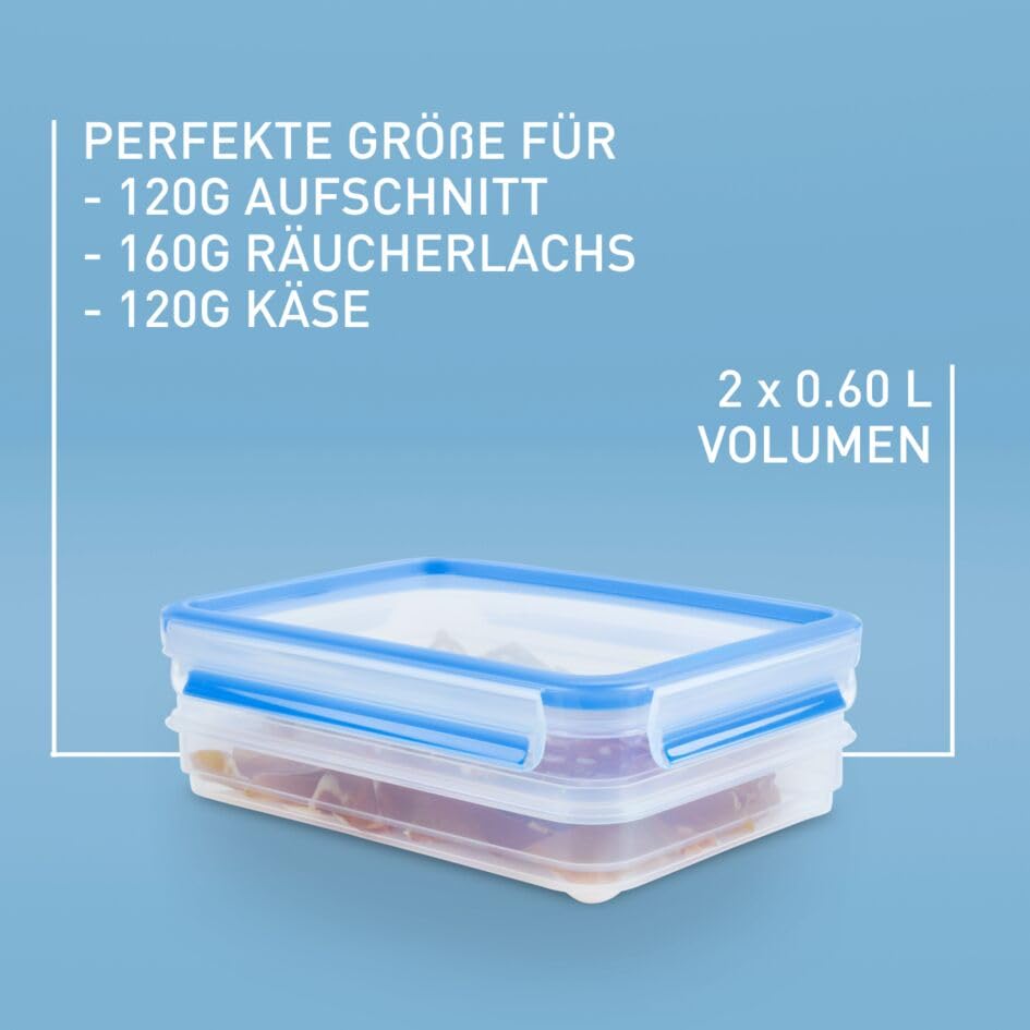 EMSA Clip & Close Frischhaltedose, rechteckig, 2 X 0,6 L, Aufschnittboxsystem mit Deckel, Aufbewahrungsbox, 100 Prozent dicht… – Ansicht 3