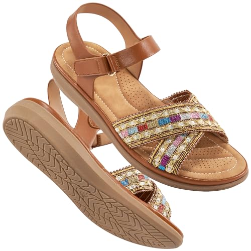 Almusen Flat Sandals for Women Dressy: Comfortable Summer Beach Shoes Casual Ankle Strap Bohemian Woven Walking Sandal