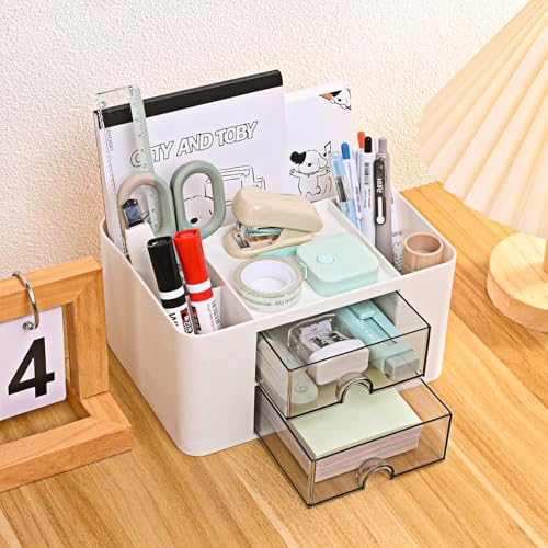 Image of Desk Organizer with 2 Drawers | Multi-Functional Stationery Holder for Office, Study Table, Home | 5 Compartment Pen, Pencil, Marker Storage Box for School & Art Supplies (White)