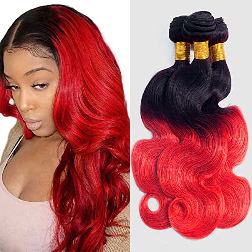 muaowig Red Human Hair Bundles Body Wave Brazilian Remy Hair 3 Bundles Tow Tone Ombre Hair Bundle Red Hair Weave Dark Roots To Red Hair 3 Bundle 10 12 14 inch, 10.5822 Ounce