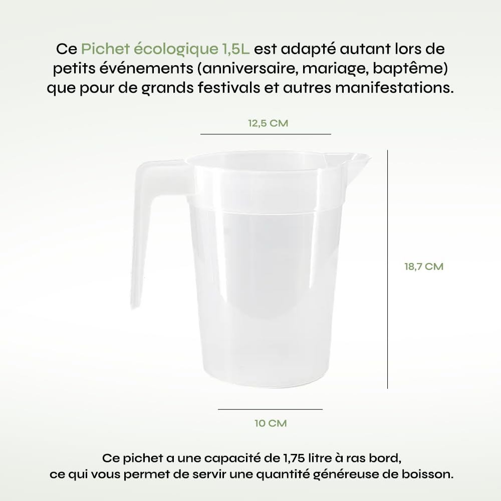 SPARKLERS CLUB Lot de 20 Pichets Réutilisables 1,5L en PP Alimentaire - Haute Résistance, Empilables, Compatibles Lave-Vaisselle (150 Lavages) - Parfait pour Événements et Collectivités