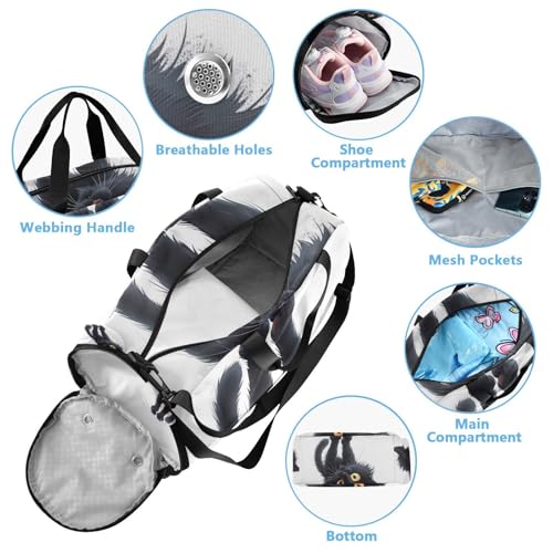 YETTASBIN Sport Travel Duffel Bag for Girls Boys, Black Cat Large Waterproof Weekender Overnight Bag, Detachable Shoulder Strap Gym Bag with Shoe Compartment & Wet Pocket4