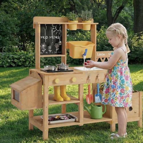 Image of Wooden Mud Kitchen for Kids with Running Water Sink, Outdoor Play Kitchen