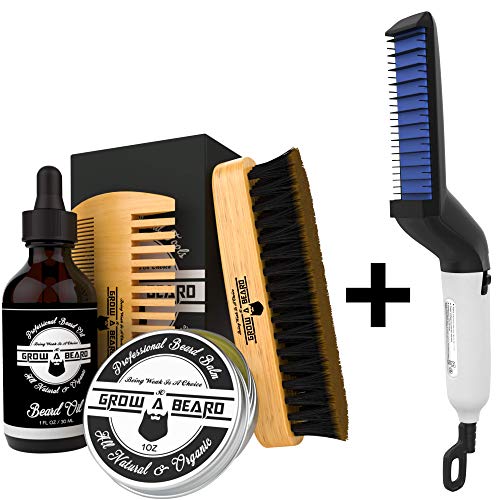 Beard Straightener Grooming Kit for Men, Includes Brush, Comb, Balm, Oil, Scissors