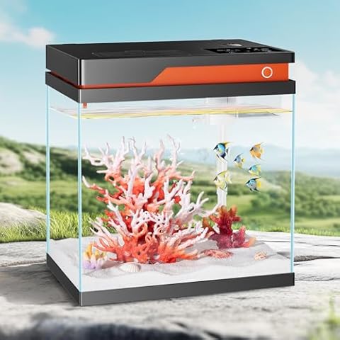 PONDON 4 Gallon Smart Fish Tank, Glass Betta Tank with Filter and Light, Beta Fish Aquarium Startar Kit with Automatic Feeder Cover