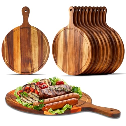 Tablas de cortar redondas de madera de acacia con mango, pack de 12 piezas para frutas, pan, pizza y vegetales miniatura 1