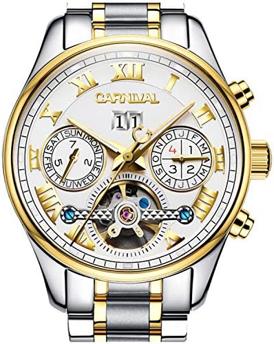 PASOY Men's Watch Automatic Mechanical Tourbillon Stainless Stell Date Blue Dial Skeleton Watch