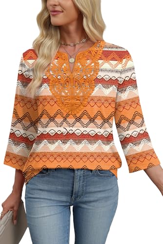 Image of WIHOLL 3 /4 Length Sleeve Womens Tops Boho V Neck Lace Shirt Trendy Blouses Dressy Casual Vacation Clothes S-3XL