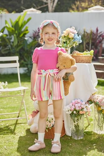 Image of Arshiner Toddler Girls 3 Piece Outfit Set Puff Sleeve Square Neck Top with Shorts and Matching Headband Summer Clothes 2T-8Y