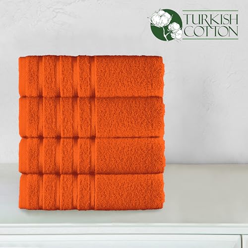 Image of Elegant Comfort 100% Turkish Cotton 4 Lines Viscose Stripe Luxury 4 Pack Hand Towel Set - Ultra Absorbent and Soft 16 x 28 Inch Premium Hotel Spa Quality Towels for Everyday Bath Use, Orange
