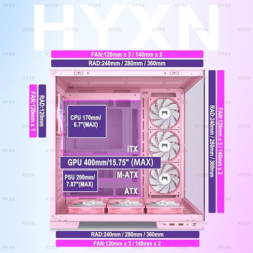 Image of H1 HYXN ATX PC Case - Pre-Installed with 7 PWM ARGB Fans - Dual Cavity Mid-Tower PC Gaming Case - with Type-C - Can Hold up to 3X 360mm Radiator Support simultaneously (Pink, H1)