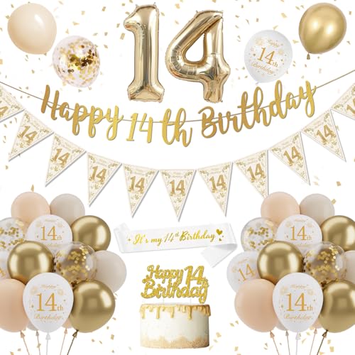 Decoration Anniversaire 14 Ans Fille, Blanc Or Ballon 14 ans Femme, Confettis Latex Ballons Bannière Joyeux Anniversaire