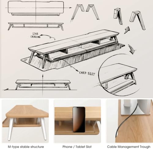 Image of Fenge Dual Monitor Stand, Monitor Stands Riser for 2 monitors, 42.5 Inch Wood Desk Shelf with Storage Organizer and Cable Management for Office Desk Accessories