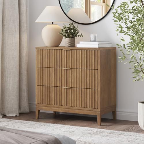 Image of Nathan James Jasper Mid Century Modern 3-Drawer Dresser with Solid Wood Frame, Fluted Dresser for Nursery or Small Drawer for Bedroom, Light Brown