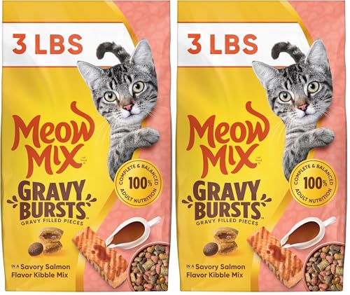 Image of Meow Mix Gravy Bursts, Savory Salmon Flavor Kibble Mix, Gravy Filled Dry Cat Food, 3 lb. Bag (Pack of 2)
