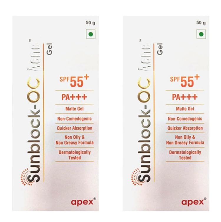 Image of Sunblock OC Acne Matte Gel SPF 55+ PA+++ | Broad Spectrum Sunscreen for Acne-Prone Skin | Non-Comedogenic, Non-Oily, Fast Absorbing Formula | Daily Use Sun Protection Gel (Pack of 2, 50g)